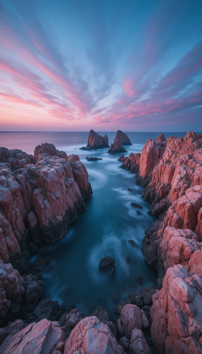 Paisagem marinha da costa de granito rosa na hora azul antes do amanhecer