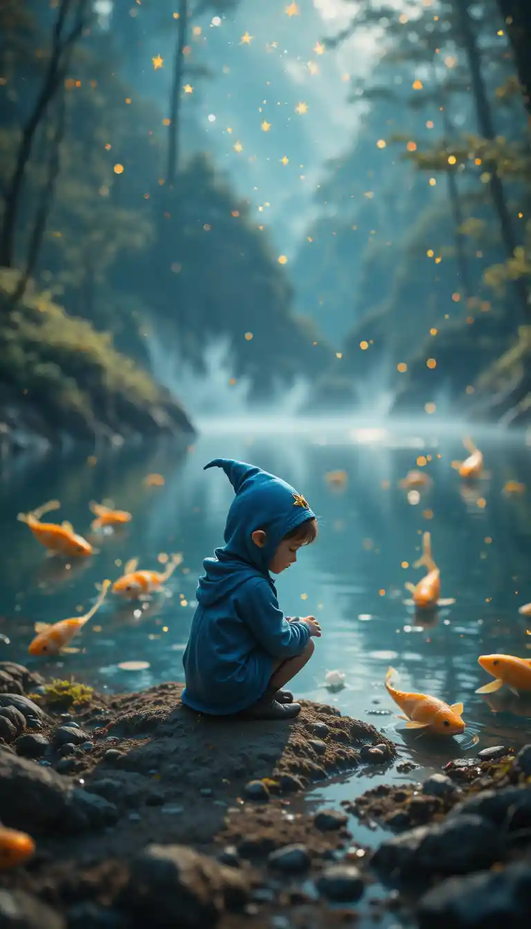 Piccolo elfo incappucciato di blu accanto a un lago cristallino nella foresta