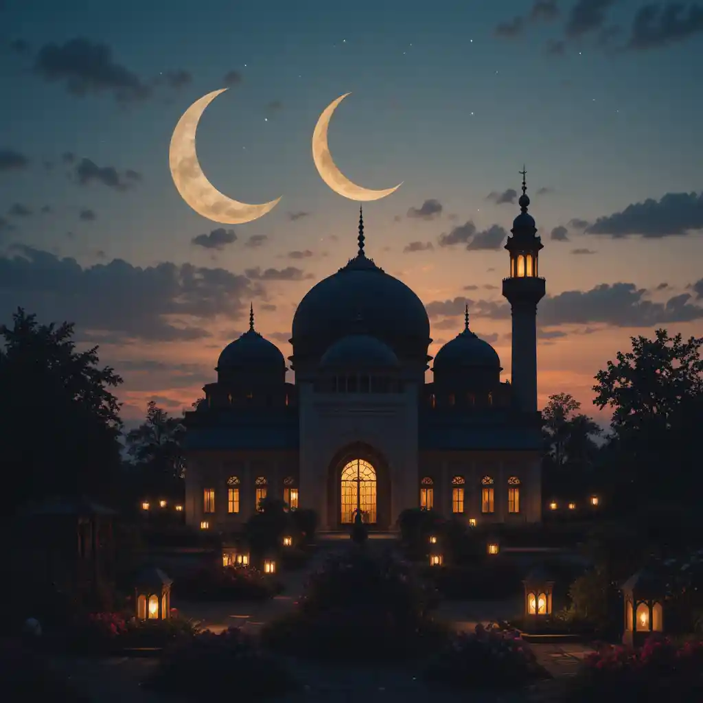Noite de Ramadã tranquila com lanternas brilhantes e lua crescente