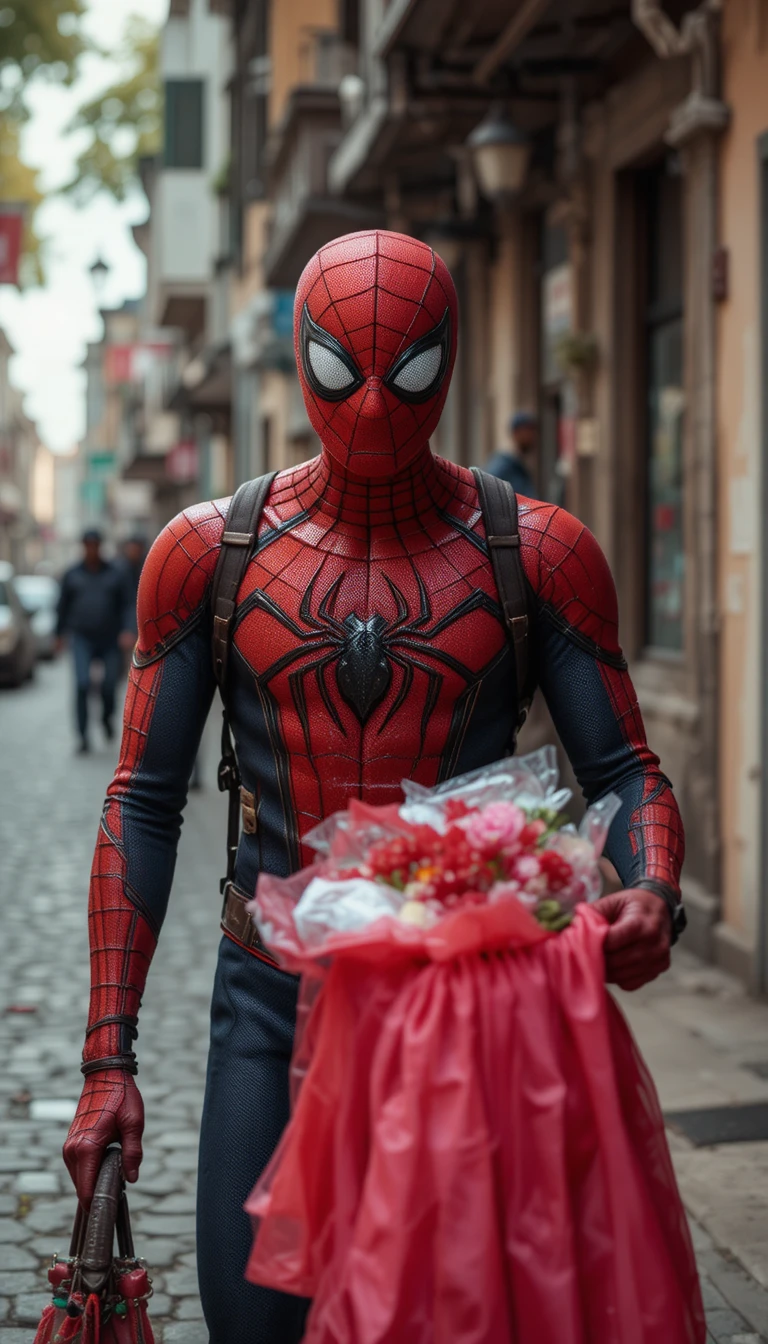 Super-herói ajudando uma idosa a atravessar uma rua movimentada da cidade