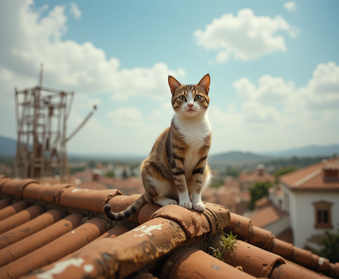 Gato brincalhão relaxando em um telhado ensolarado de terracota