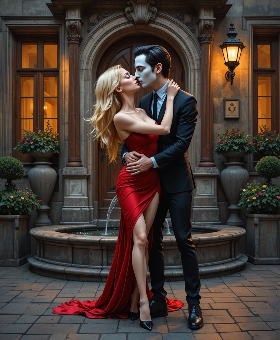 Masked lovers locked in a dangerous passionate embrace