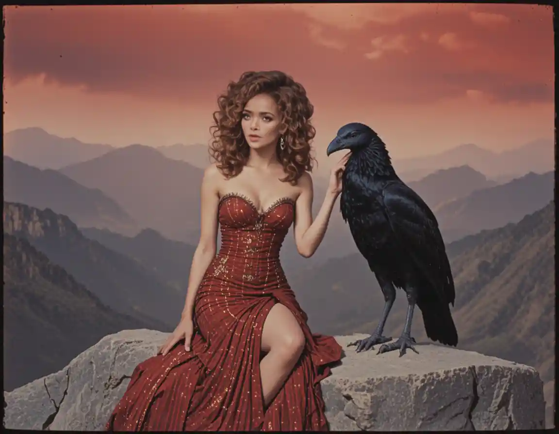 Donna seducente con uccello oscuro sotto un cielo rosso selvaggio