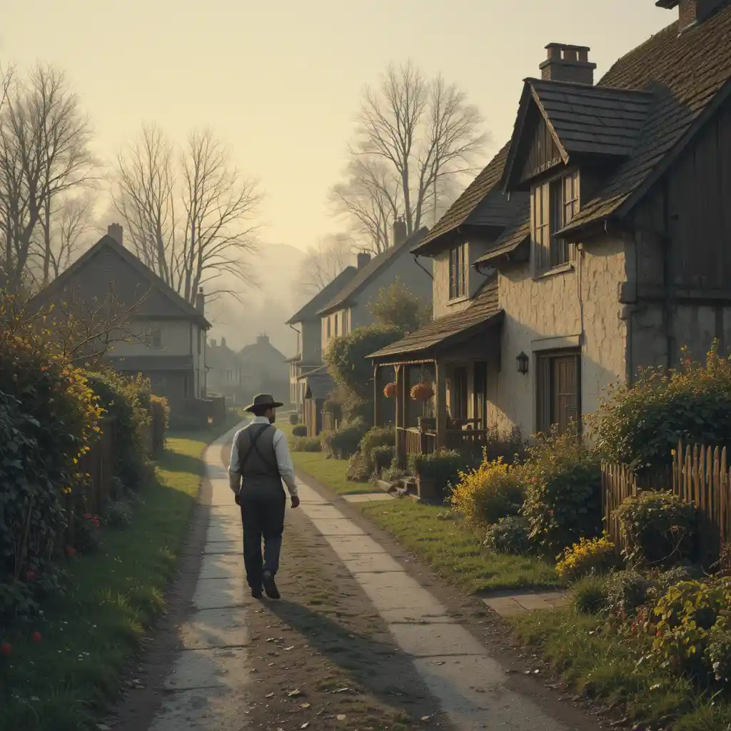 Young milkman walking through a quiet village at dawn