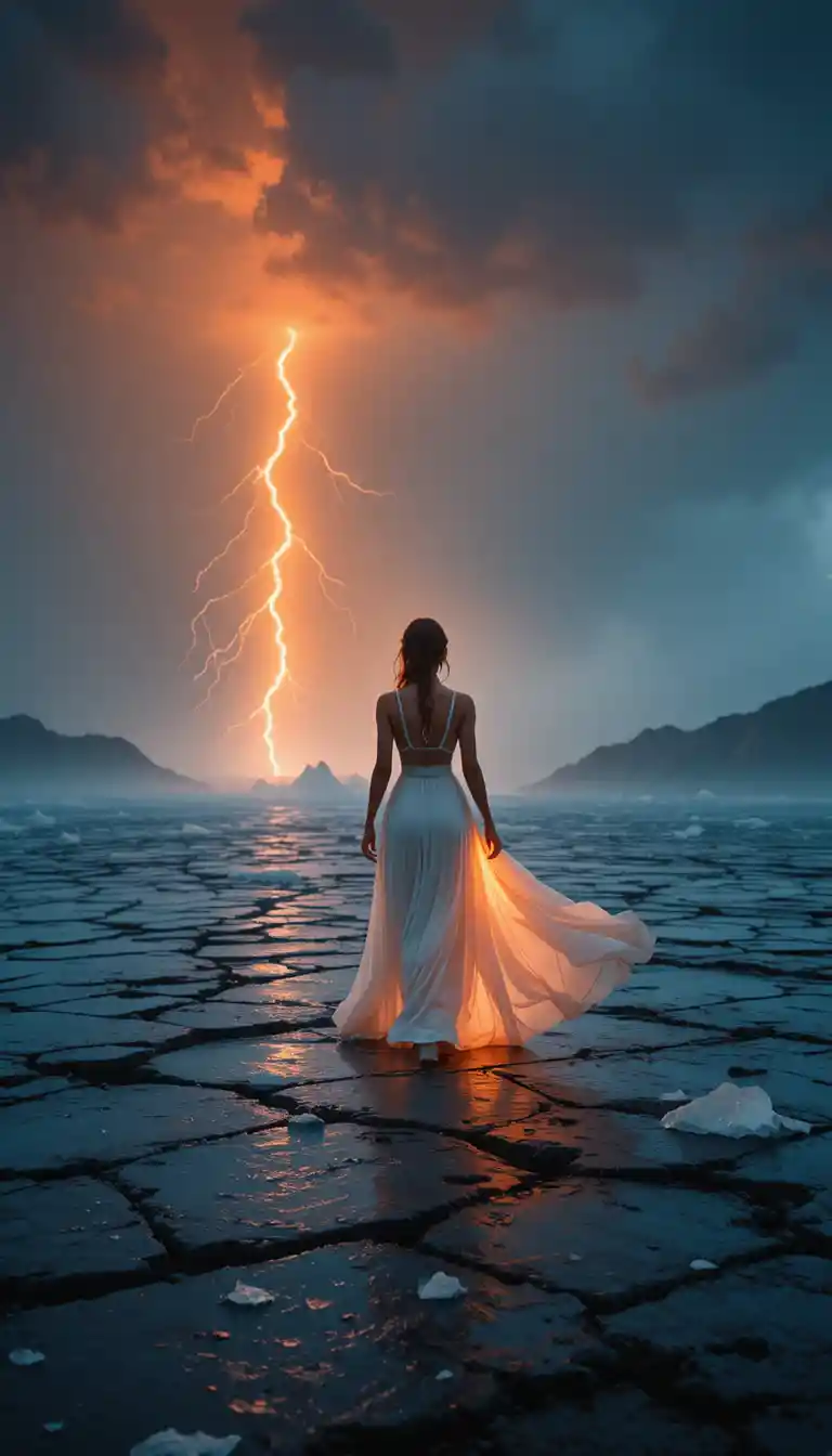 Fashion woman on cracked ice under glowing orange lightning