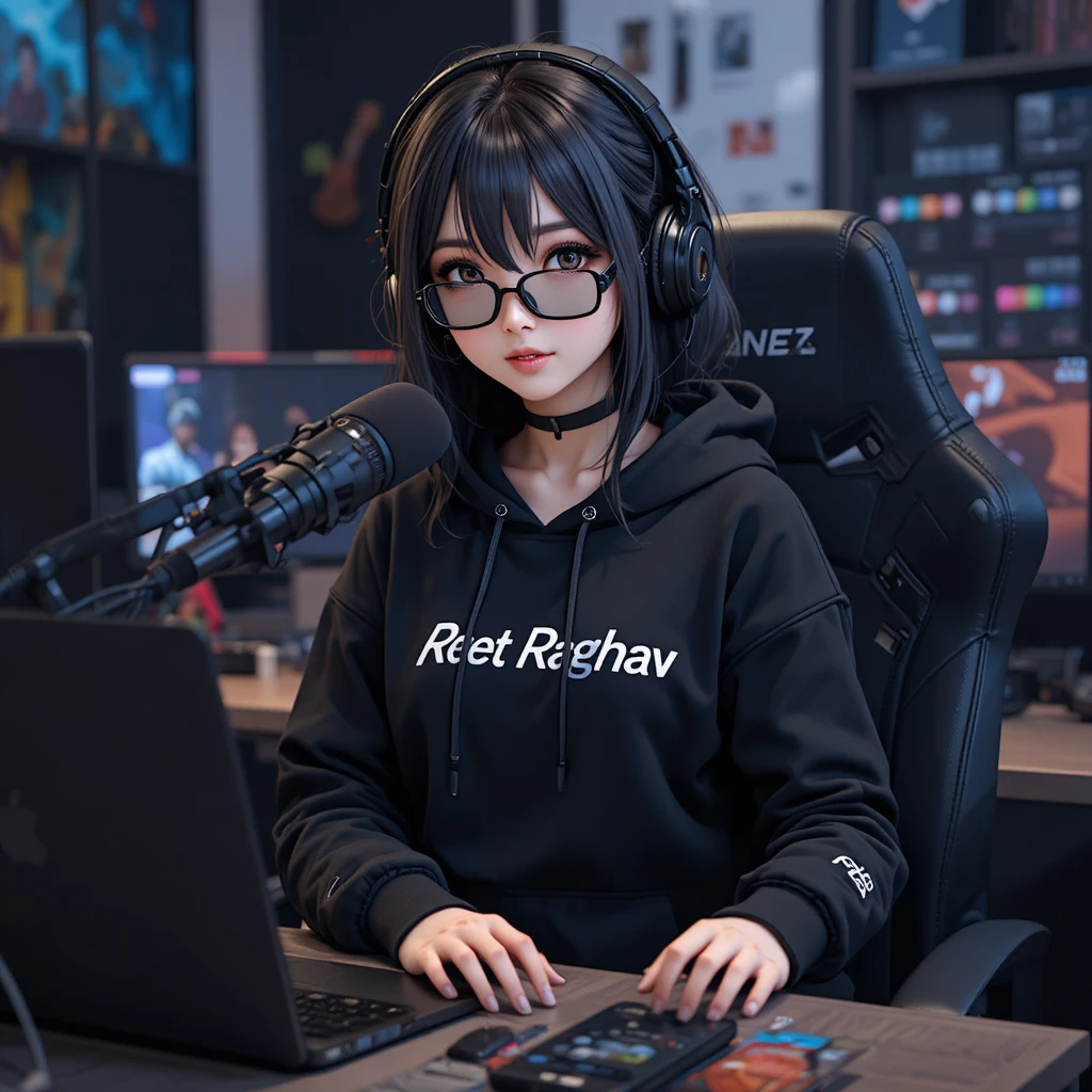 Ragazza anime streamer a una scrivania moderna con microfono e laptop