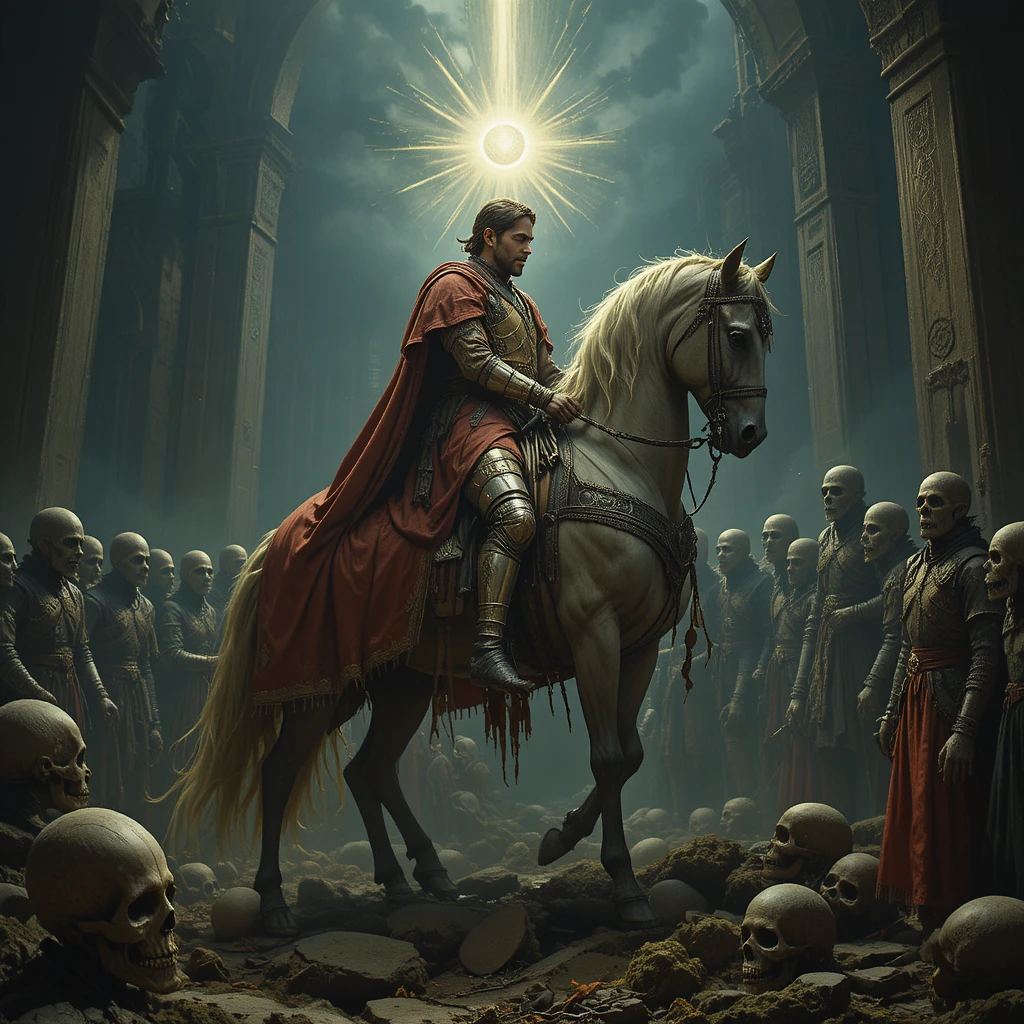 Medieval knight kneeling among fallen bodies under shining light