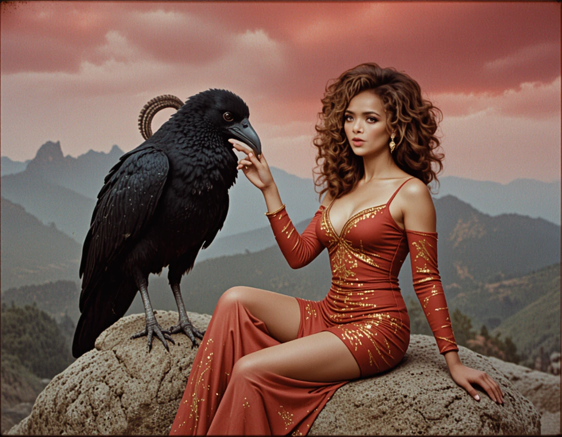 Seductive woman with fierce black bird on rocky ledge