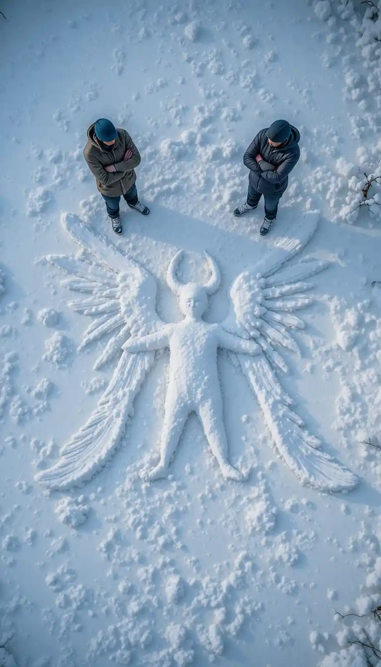 Verspielte Familien-Schneeengel aus der Vogelperspektive