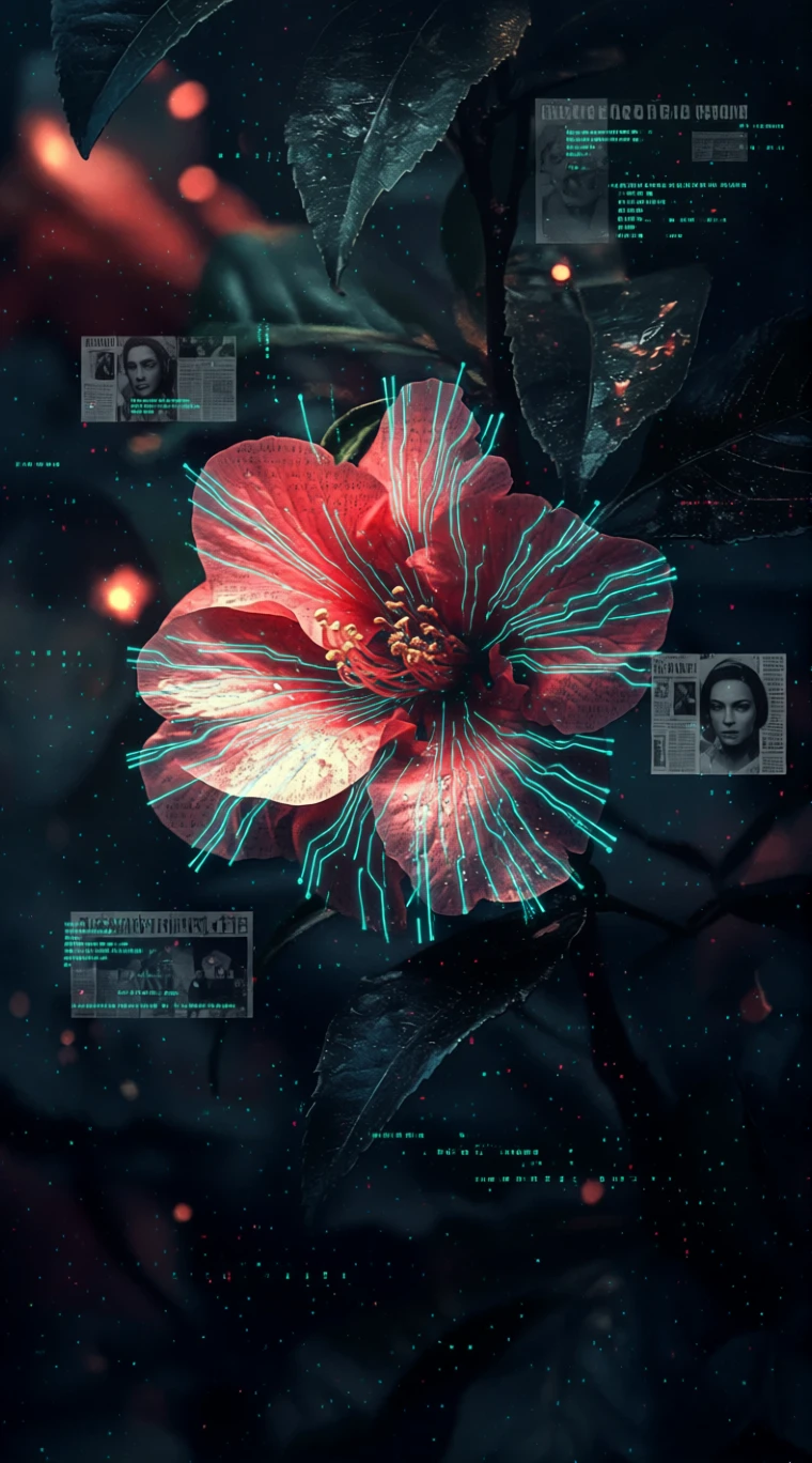 Flor carmesim brilhando em uma colagem cyberpunk sombria