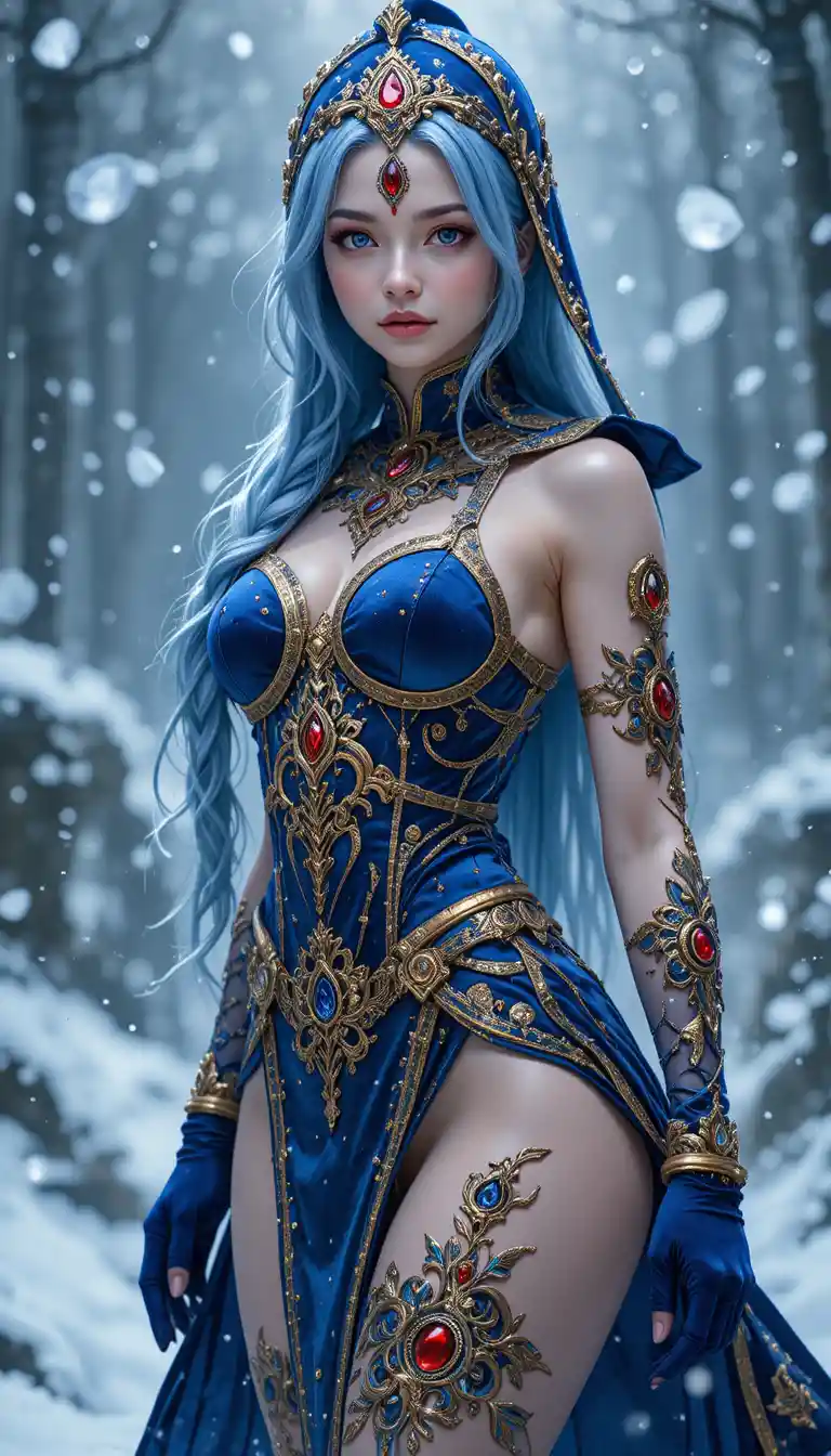 Anime warrior woman in a snowy battle stance close up