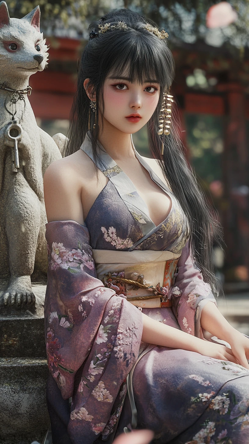 Japanese girl posing at shrine with fox statue