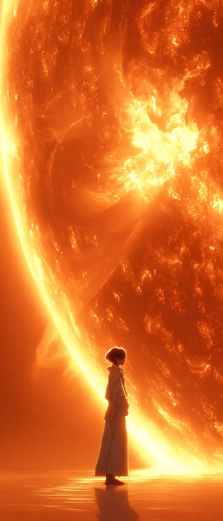 Donna Jedi solitaria in piedi sulla superficie di una stella morente