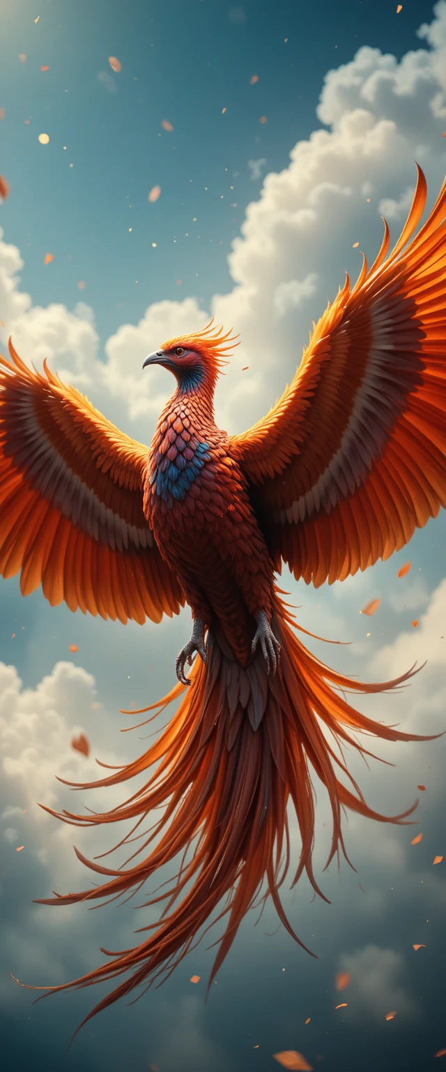 Fênix majestosa voando em um arco de fogo pelo céu