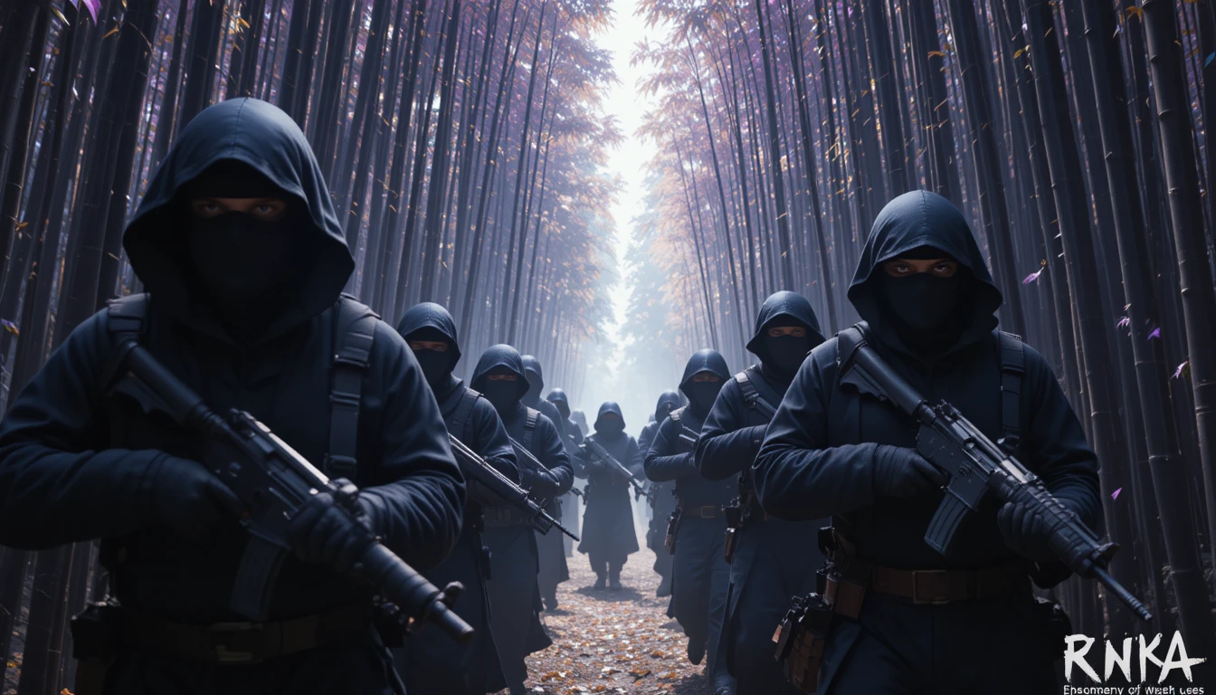Armed ninjas rushing through a purple bamboo forest