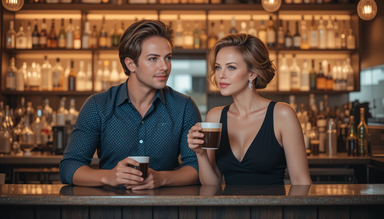 Couple stylé discutant autour d’un café dans un bar moderne
