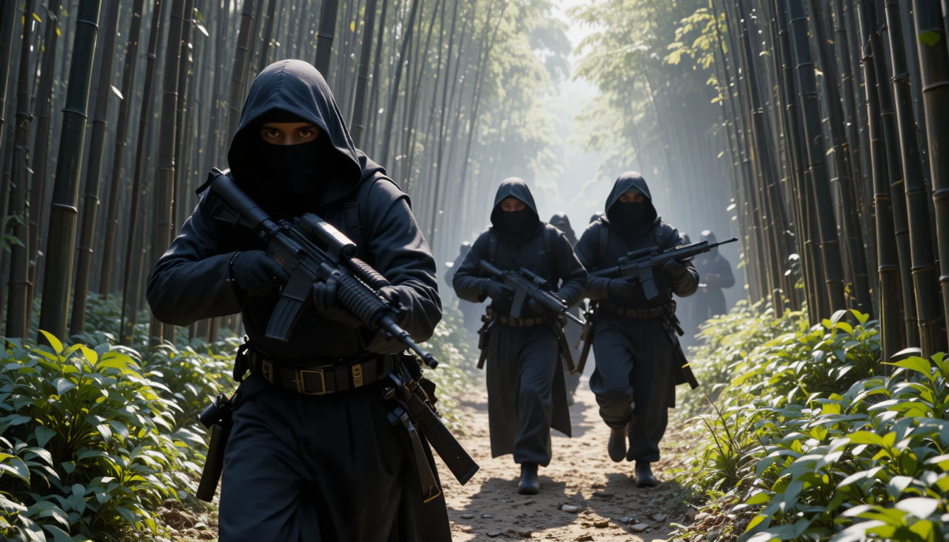 Ninjas armados avançam por uma densa floresta de bambu roxo