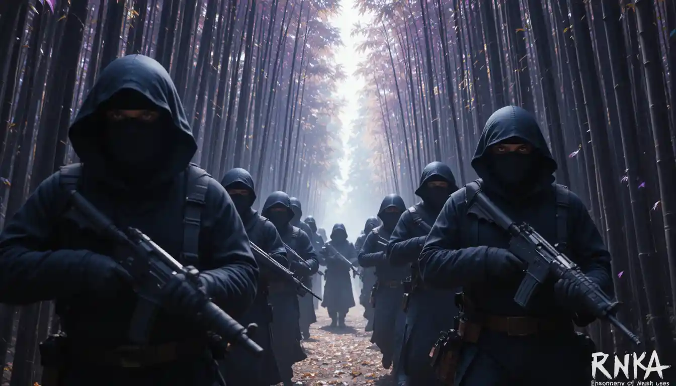 Armed ninjas rushing through a purple bamboo forest