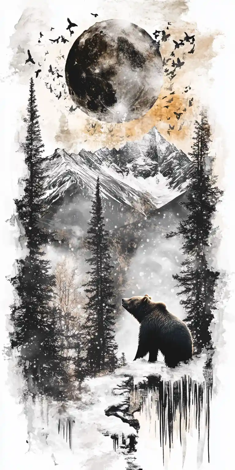 Collage de silhouette d’ours avec montagnes et peupliers faux-trembles
