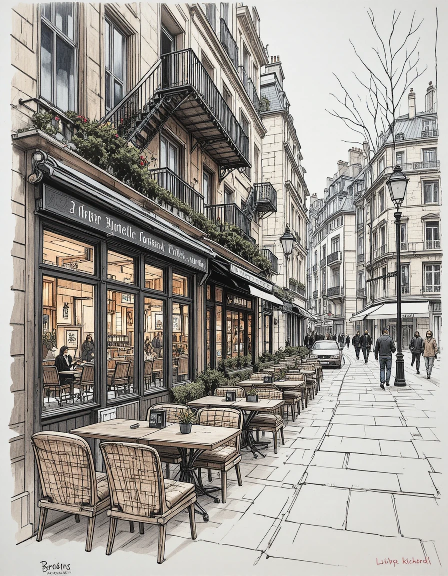 Café de rua em Paris com ilustração arquitetônica em aquarela
