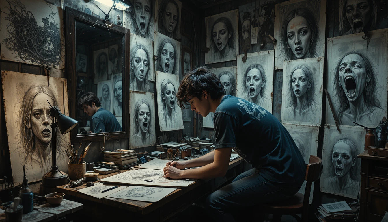 Artista adolescente cria desenhos assustadores em um quarto escuro