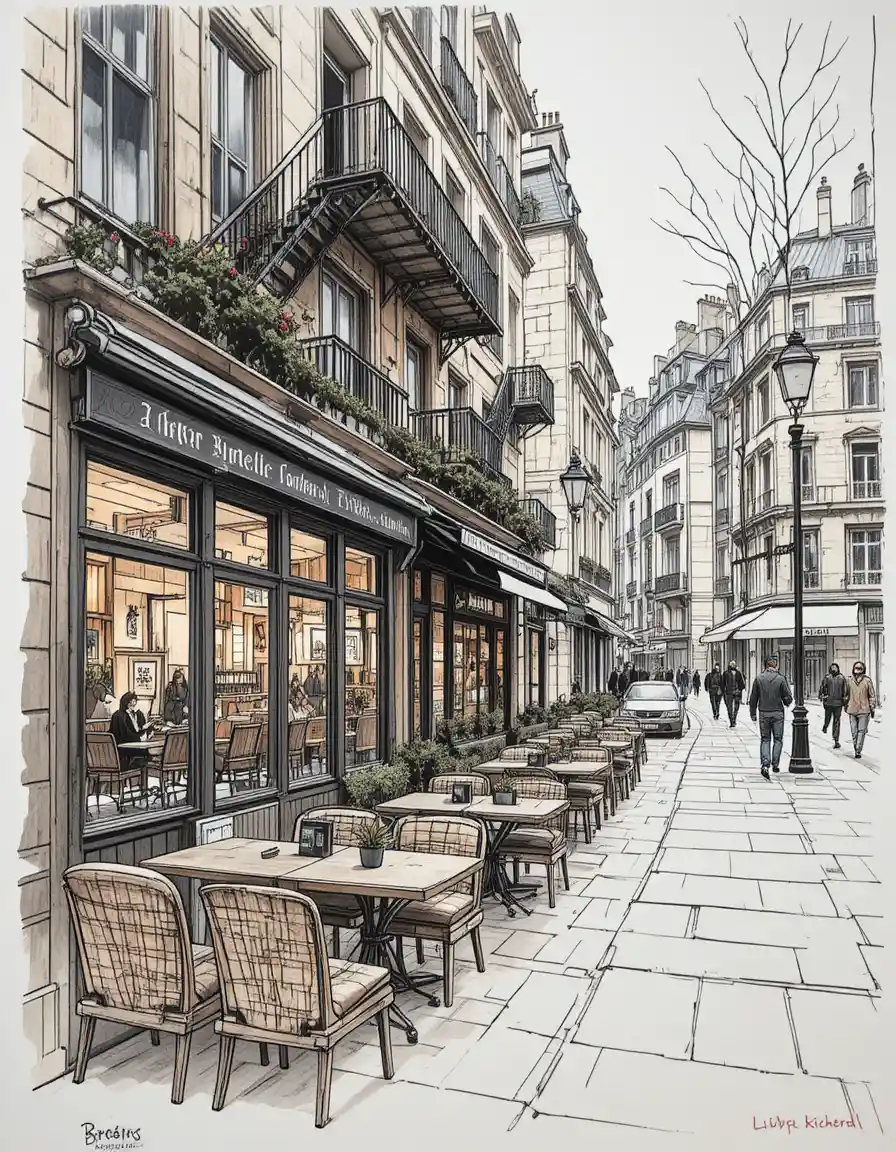 Café de rua em Paris com ilustração arquitetônica em aquarela