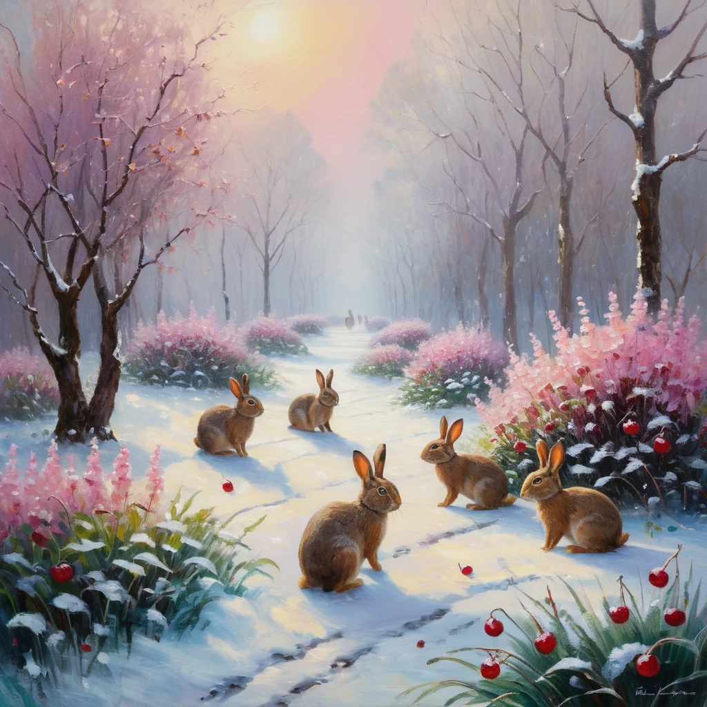 Coelhos impressionistas em um jardim de inverno nevado com cerejas
