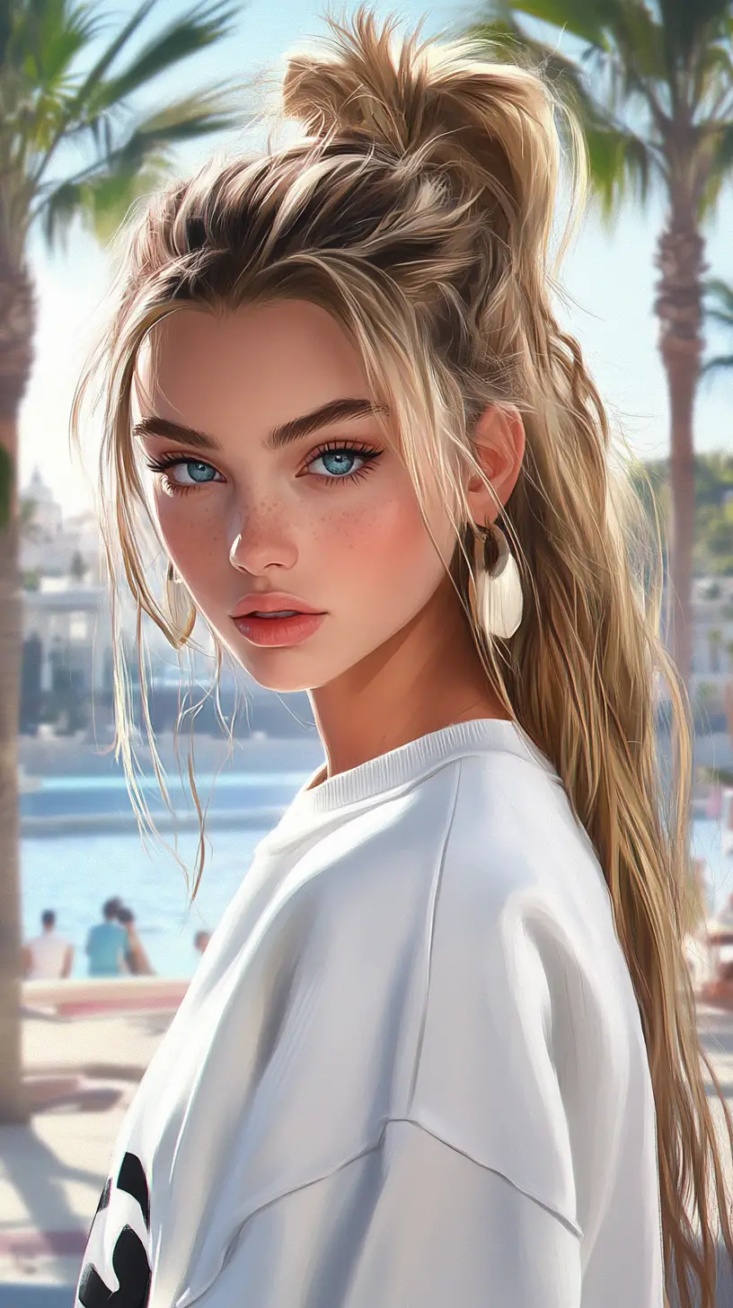 Blonde girl portrait with palm trees by the water