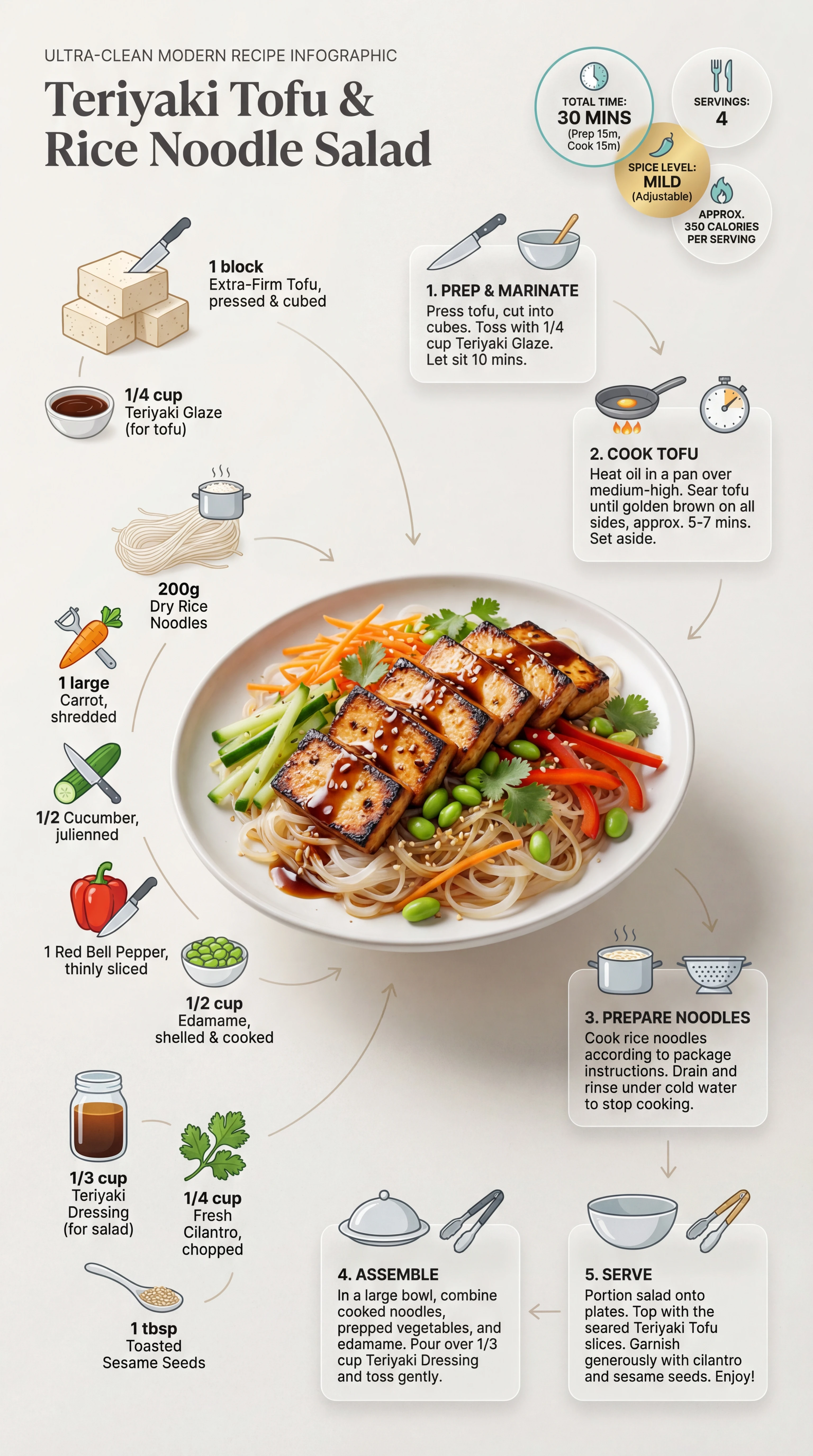 Modern teriyaki tofu noodle salad recipe infographic layout