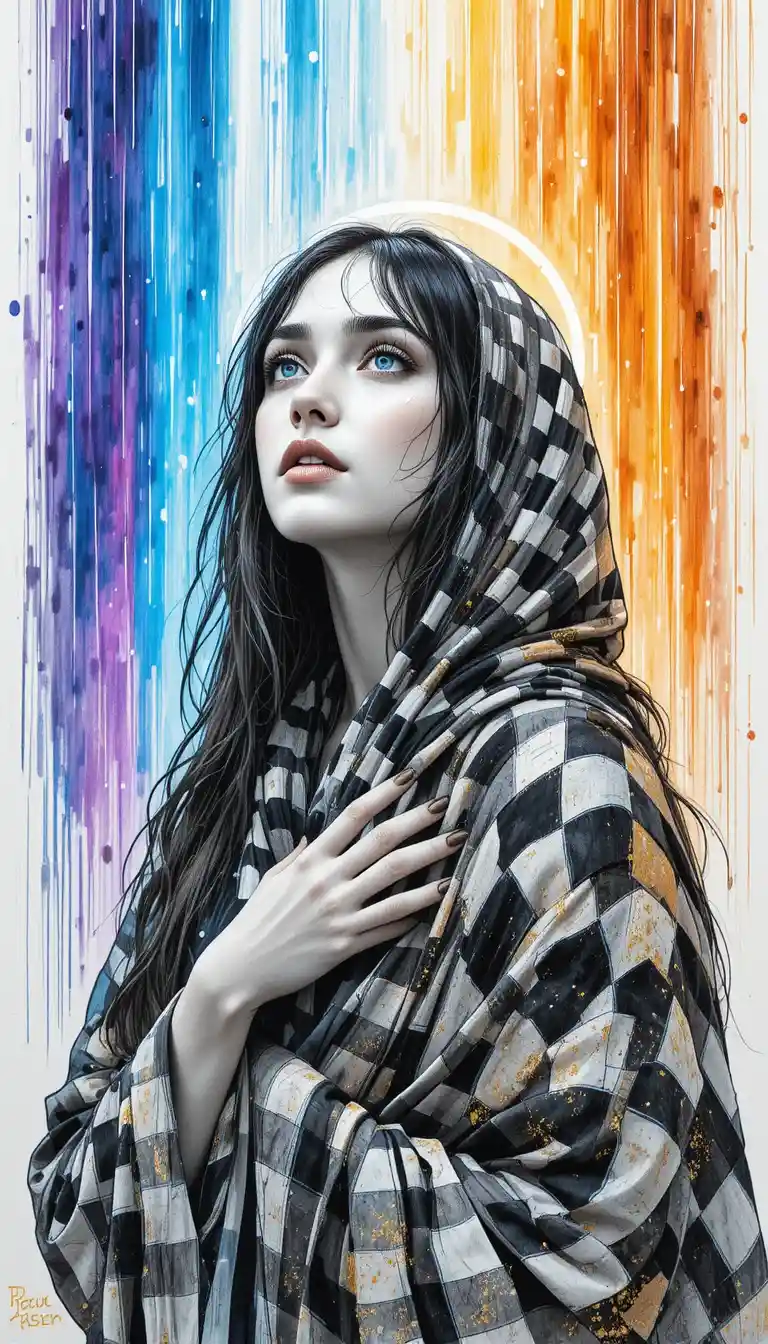 Young woman in keffiyeh under colorful rainlit sky