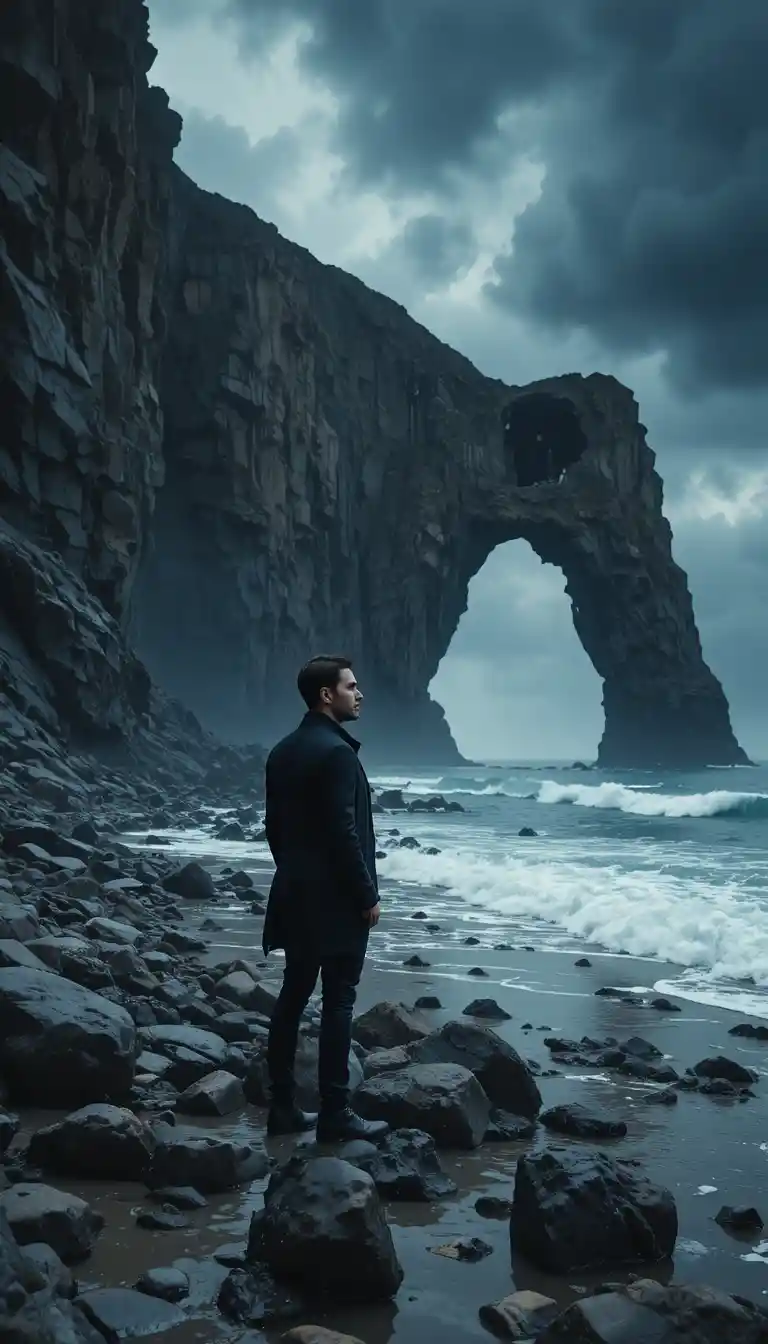 Man in suit on stormy rocky coast with ruined arch