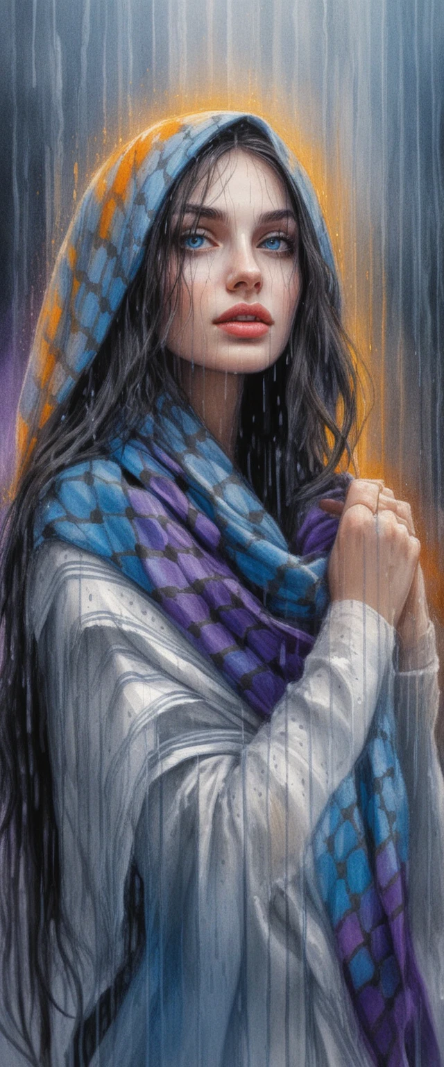 Young woman in keffiyeh looking up through colorful rain