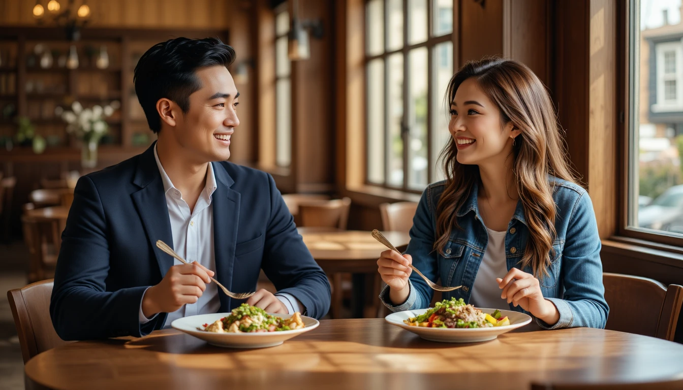 Couple asiatique souriant partageant un repas sain