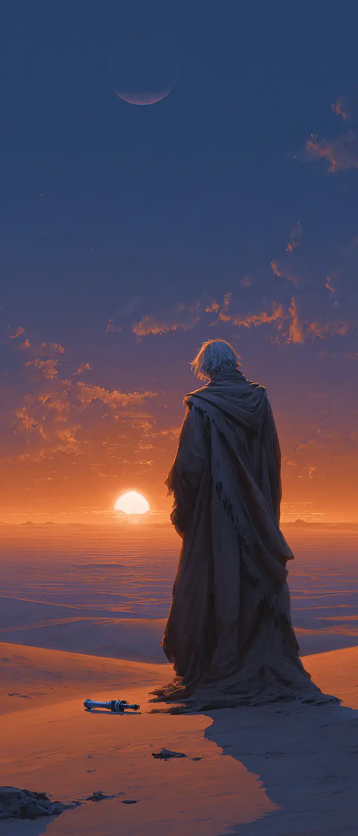 果てしない砂漠の砂丘に沈む夕日と孤高の戦士
