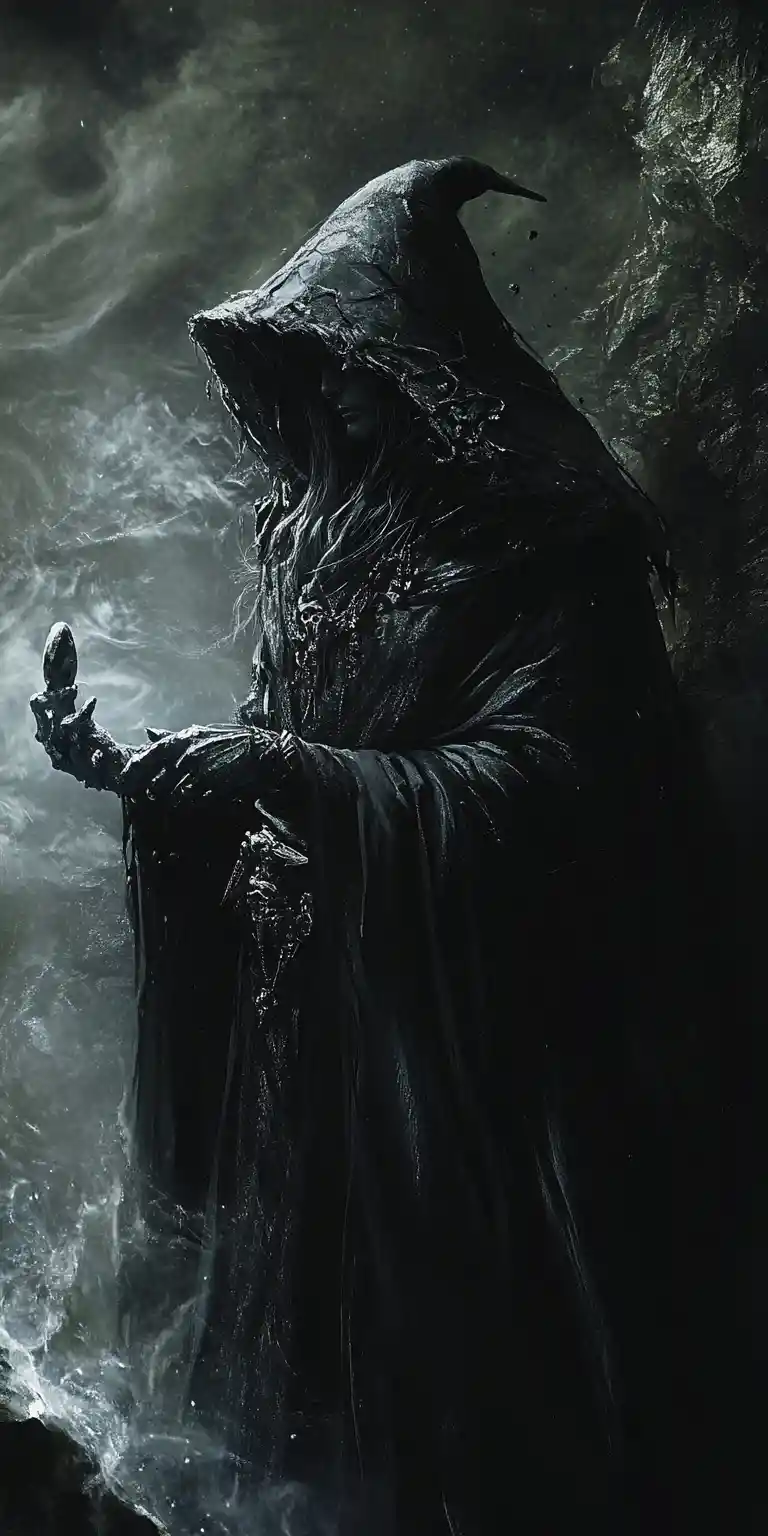Strega oscura che emerge dalle ombre per colpire