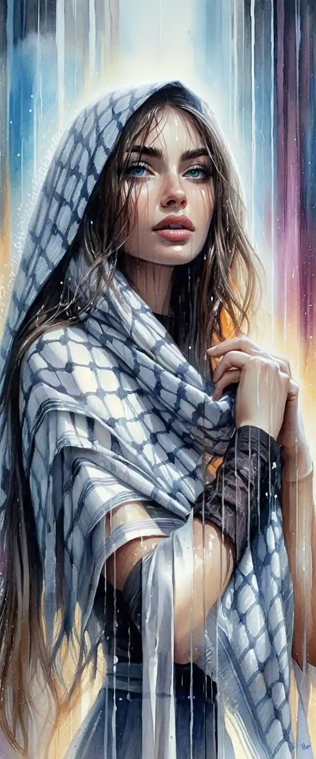Young woman in keffiyeh looking up through glowing rain