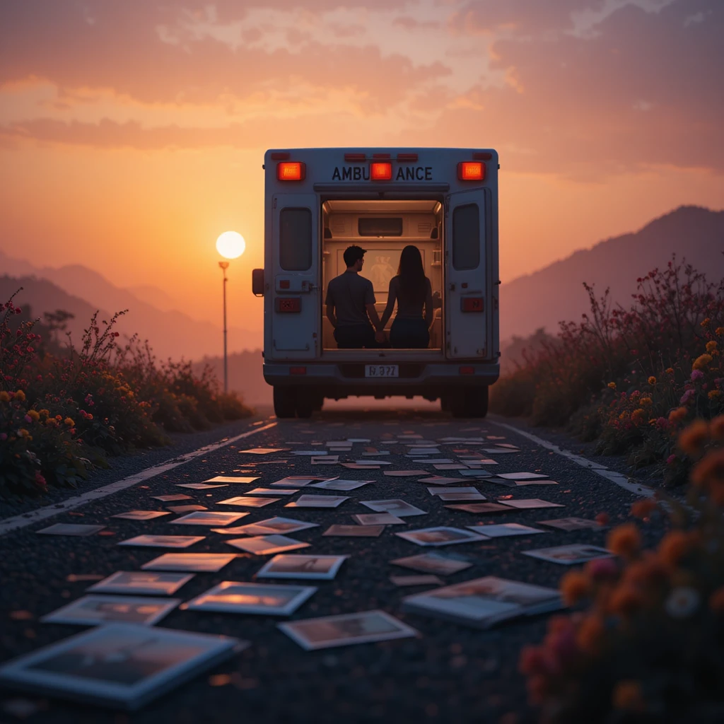 Couple en silhouette près d'une ambulance sur une route au coucher du soleil