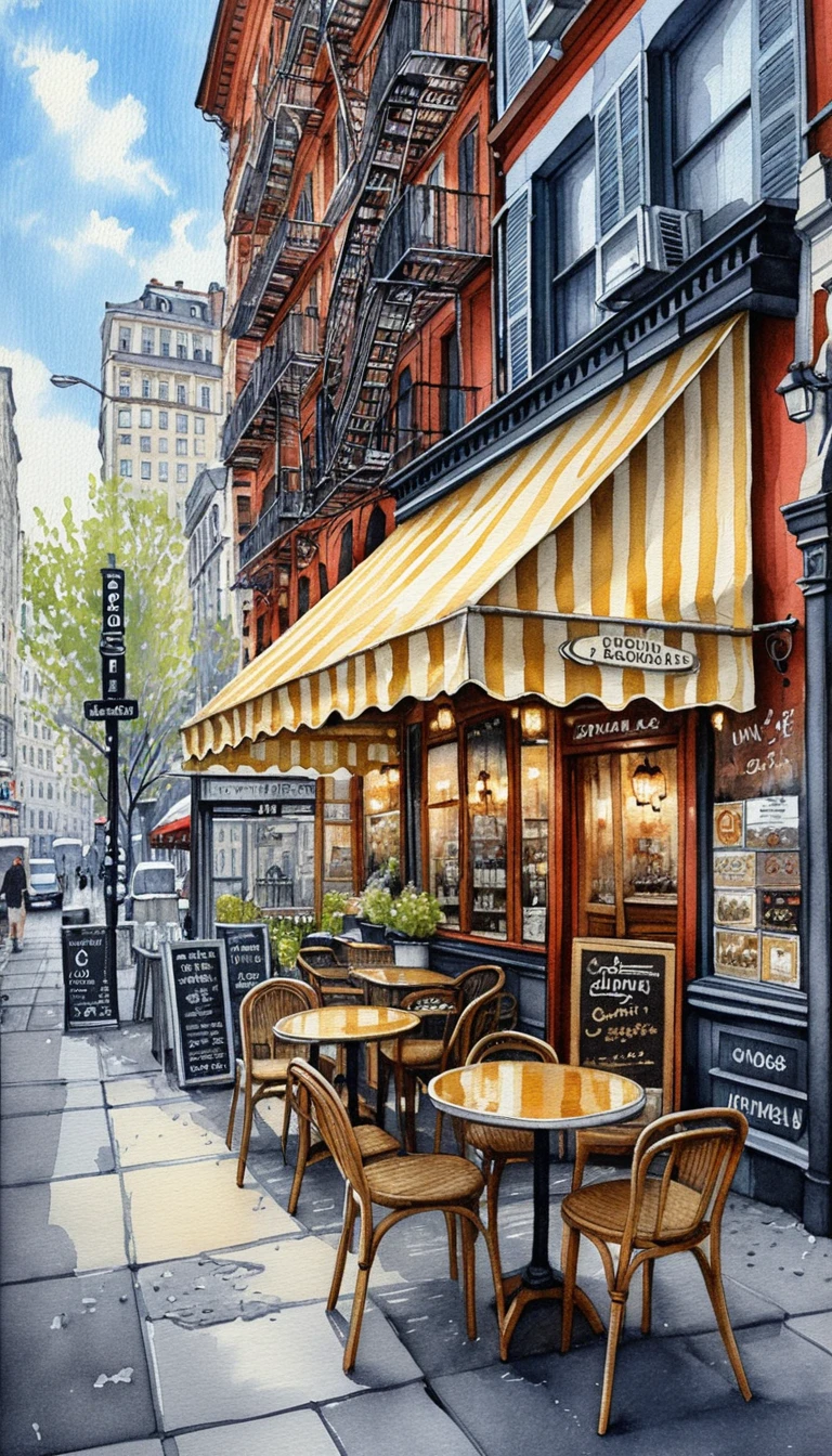 Cena de rua de café em Paris em ilustração arquitetônica detalhada
