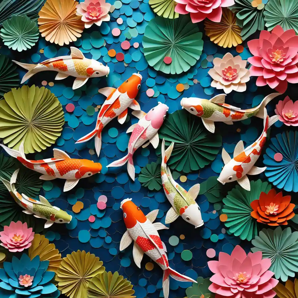 Colorful paper collage Japanese koi pond wall art