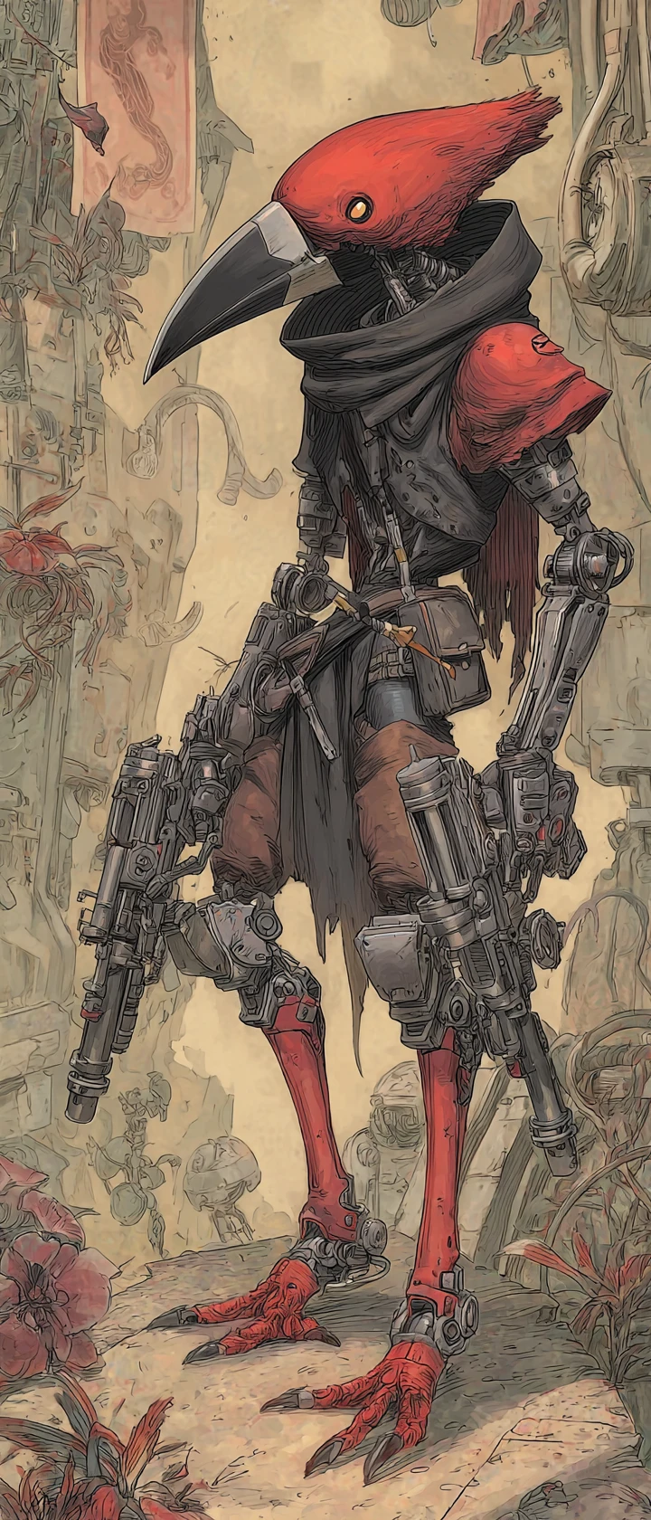 Futuristic bird warrior in black armor on ruined ground