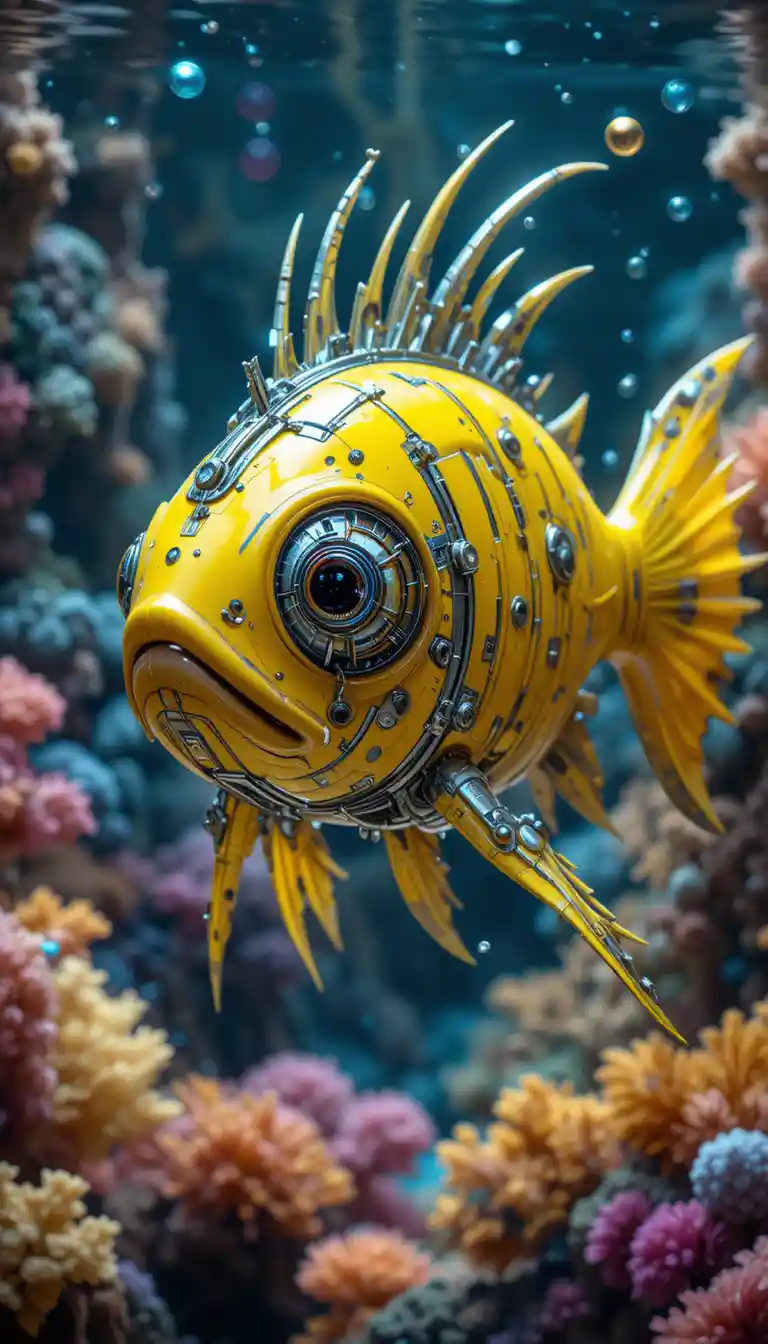 Pesce giallo cibernetico che sfreccia tra una barriera corallina colorata