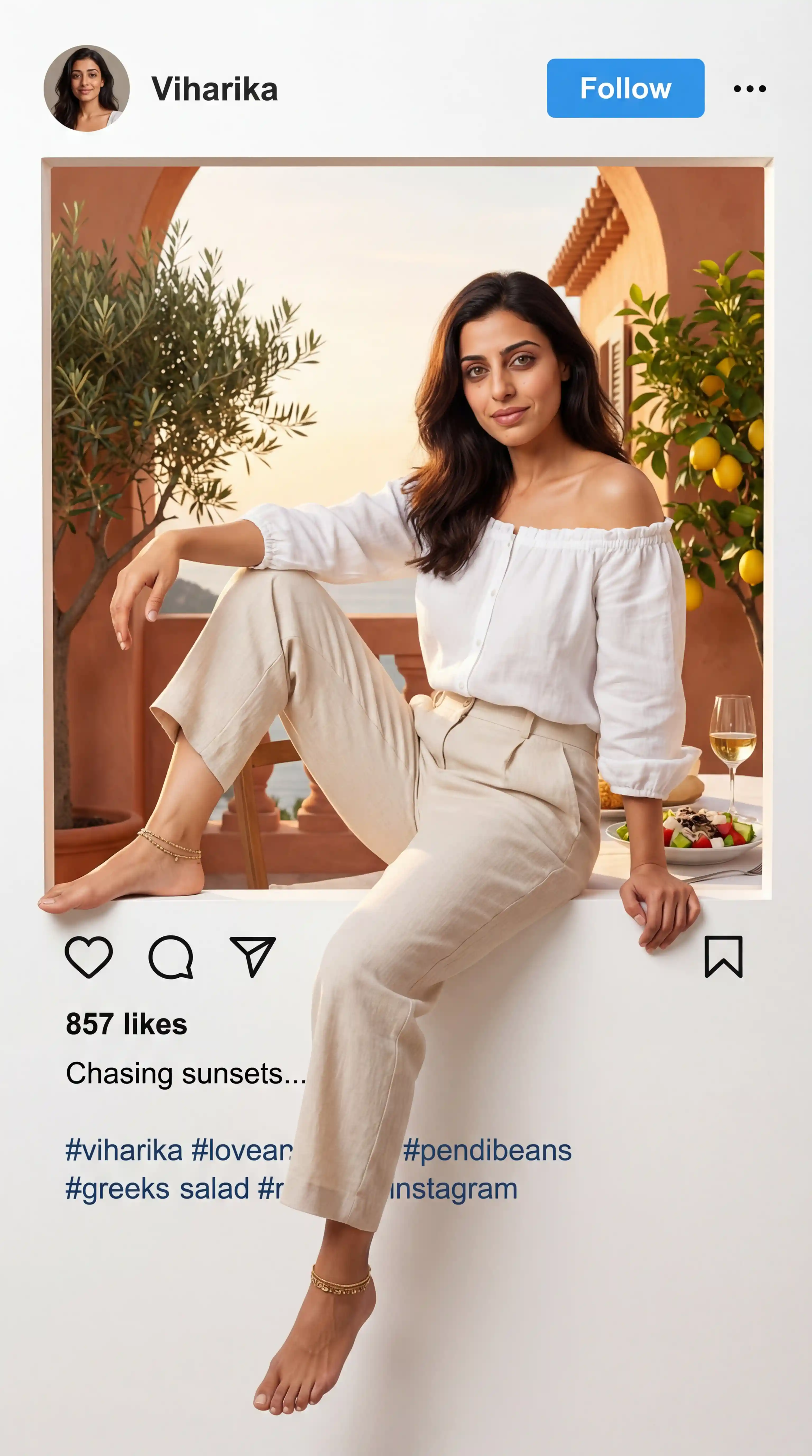 Donna seduta su una cornice Instagram sopra una scena di balcone