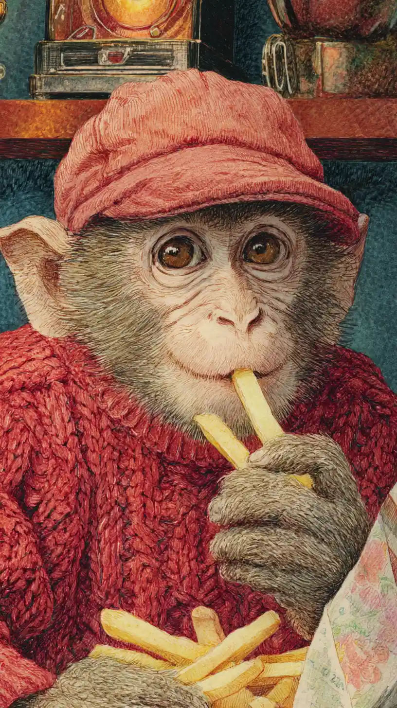Petit singe mignon mangeant des frites dans un diner rétro