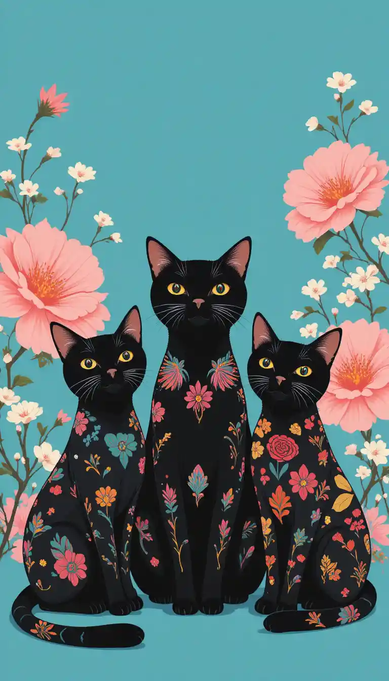 Three patterned black cats on blue floral backdrop