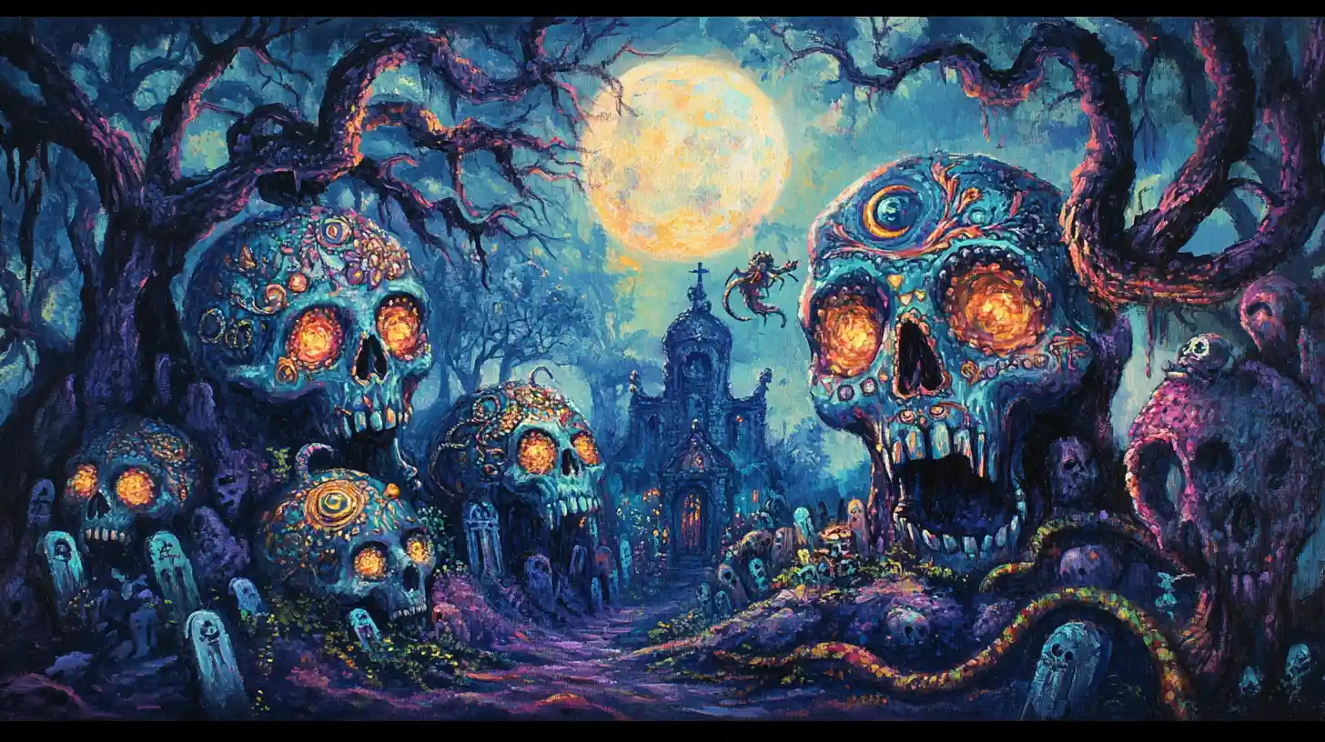 Baroque wizard animating skulls in a moonlit cemetery