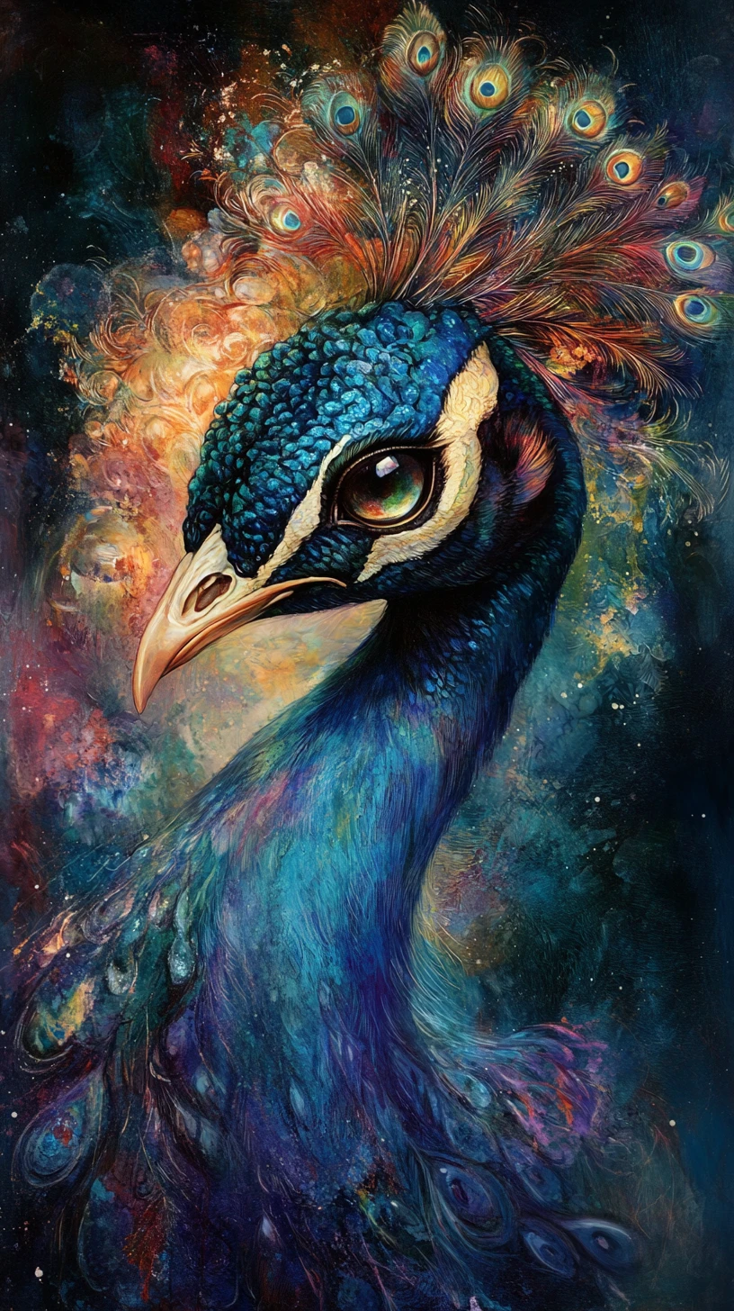 Retrato surreal de pavão com contraluz em degradê brilhante