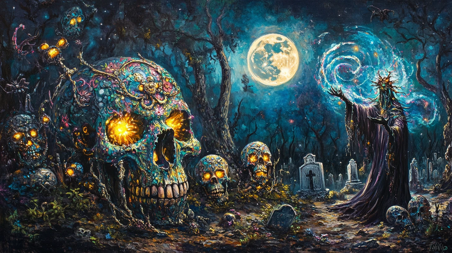 Baroque wizard raising skulls in a moonlit cemetery