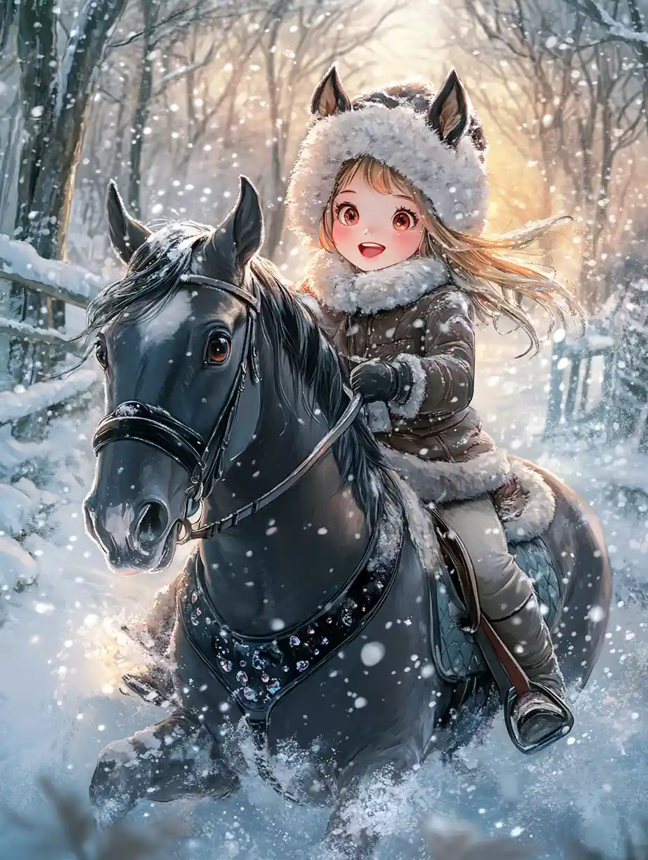 Girl riding a dark horse through snowy winter forest