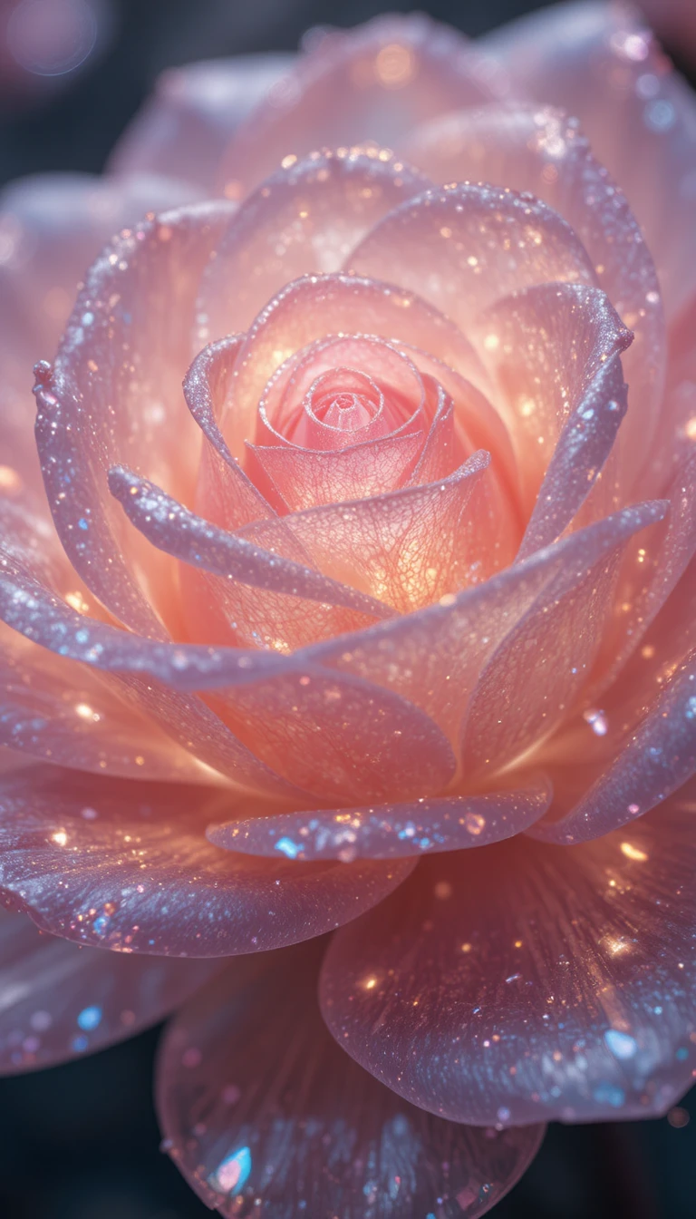 幻想的な雰囲気に浮かぶ光り輝く花びらのクリスタルローズ