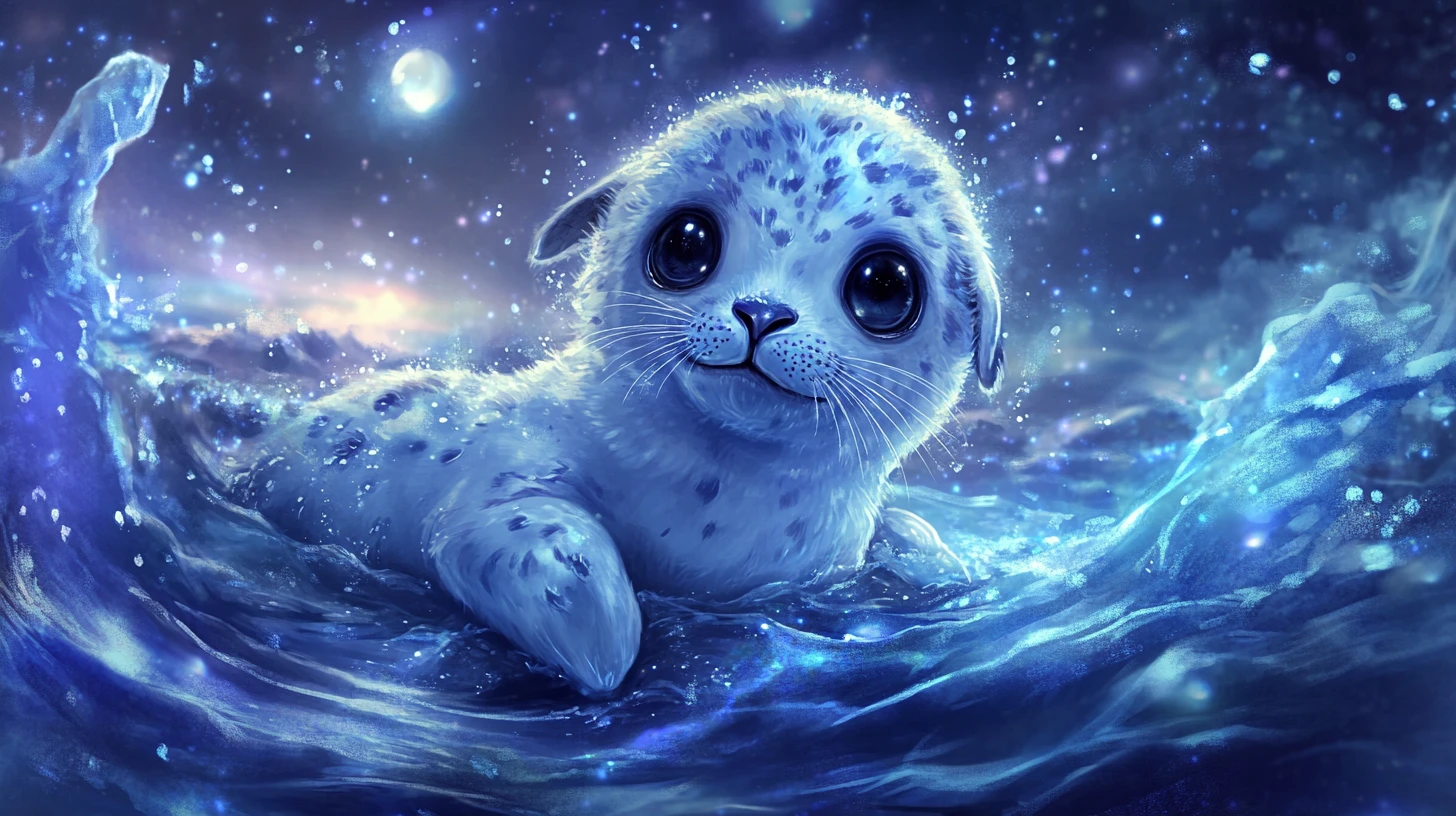 Filhote de foca em aquarela sobre gelo brilhante sob céu iluminado pela lua